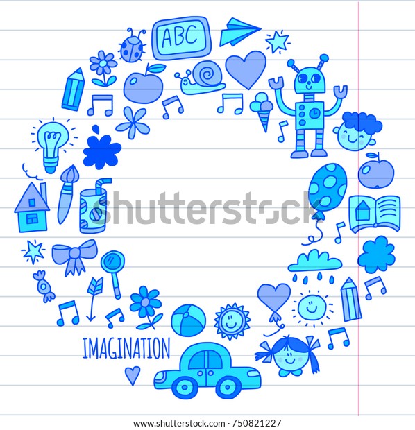 School, kindergarten. Happy children.\
Creativity, imagination doodle icons with kids. Play, study, grow\
Happy students Science and research Adventure\
Explore
