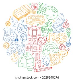 School, kindergarten icons for children. Creativity and imagination. Online education. Dancing, singing, painting.