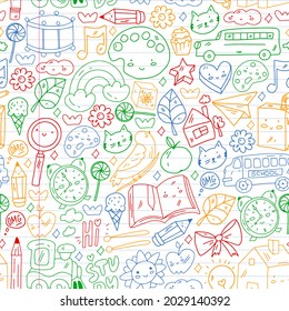 School, kindergarten icons for children. Creativity and imagination. Online education. Dancing, singing, painting.