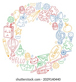 School, kindergarten icons for children. Creativity and imagination. Online education. Dancing, singing, painting.