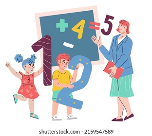 School Or Kindergarten Math Lesson With Children And Teacher Studying Numbers, Flat Cartoon Vector Illustration Isolated On White Background.