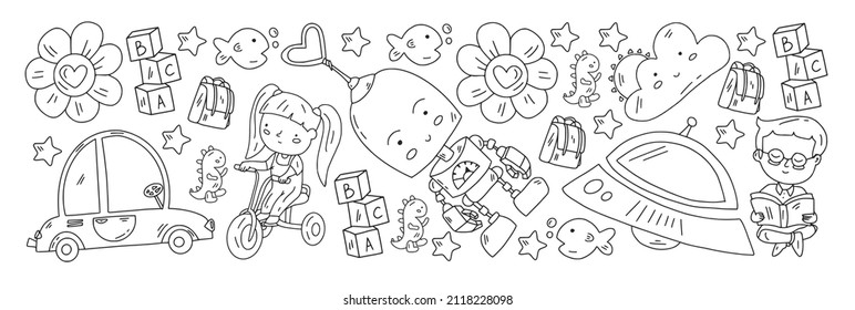 School and kindergarten vector pattern with little children. Girl and boys play and study