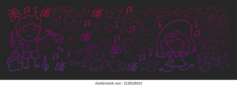 School and kindergarten vector pattern with little children. Girl and boys play and study
