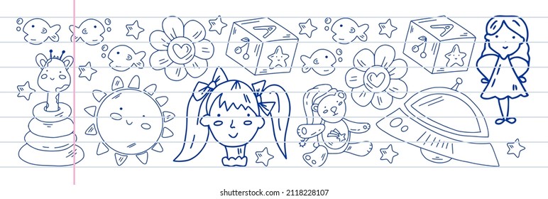 School and kindergarten vector pattern with little children. Girl and boys play and study
