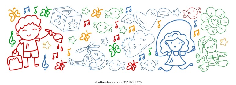 School and kindergarten vector pattern with little children. Girl and boys play and study