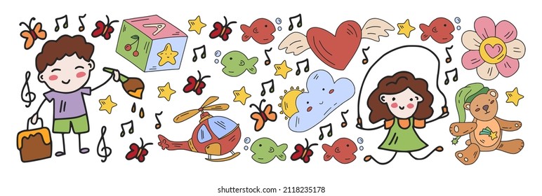 School and kindergarten vector pattern with little children. Girl and boys play and study