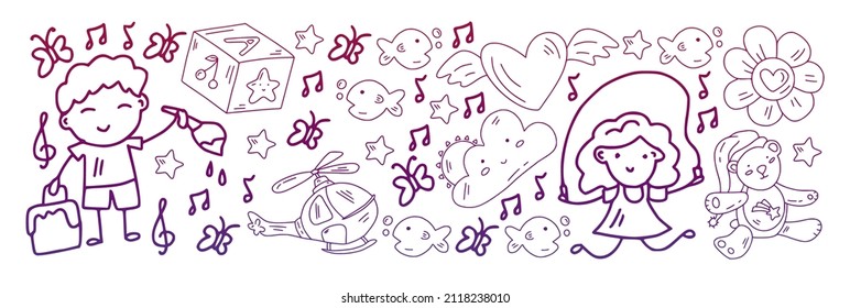 School and kindergarten vector pattern with little children. Girl and boys play and study