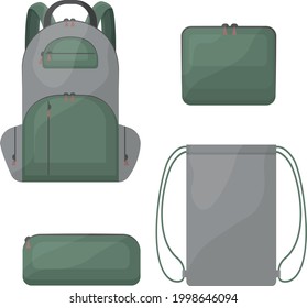 A school kit consisting of school bags in green and gray colors, such as a backpack, a rectangular pencil case for pens and pencils, a shoe bag and a briefcase. Vector illustration
