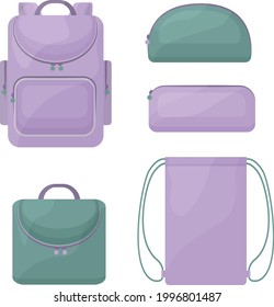 A school kit consisting of school bags, such as a backpack, a rectangular and round pencil case for pens and pencils, a shoe bag and a briefcase. Vector illustration isolated on a white background