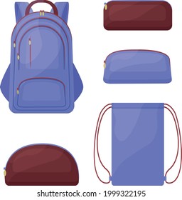 A school kit consisting of blue and brown school bags, such as a backpack, a rectangular and round pencil case for pens and pencils, and a shoe bag. Vector illustration isolated on a white background