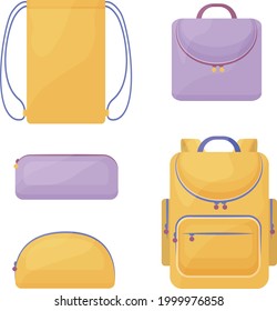 Un juego de material escolar compuesto por bolsos escolares amarillos y lilacos, como una mochila, un estuche rectangular y redondo para lapiceros y lápices, una bolsa de zapatos y una cartera de documentos. Vector de fondo blanco