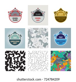 School kit. Vector design elements and seamless patterns on the theme of education: figures, pencils, emblems of a student