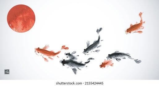 School of koi carps and big red sun. Traditional oriental ink painting sumi-e, u-sin, go-hua. Symbol of good fortune, success and prosperity. Translation of hieroglyph - well-being.