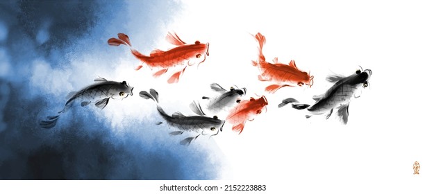 School of koi carps in blue water. Traditional oriental ink painting sumi-e, u-sin, go-hua. Symbol of good fortune, success and prosperity. Hieroglyph - fish.