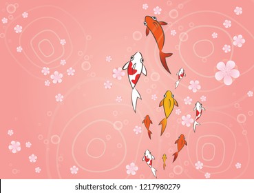 School of koi fish swimming with cherry blossom drop on water vector background for decoration on Chinese new year festival, Hanami festival  or another events.