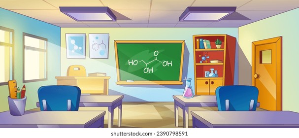 School lab interior with furniture and equipment for studying. Cartoon chemistry laboratory classroom interior with tables and cupboard with stationery, blackboard with formula, glass flasks.