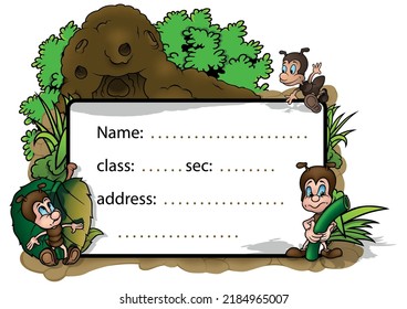 School Label for School Notebook with Ants and Background with Anthill - Colored Cartoon Illustration Isolated on White Background, Vector