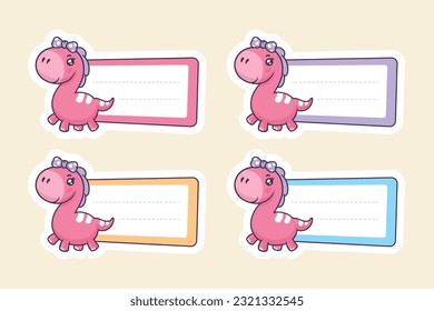 School label sticker with cute kawaii dinosaur vector illustration