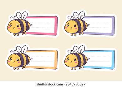 School label sticker with cute kawaii bee vector illustration
