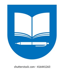 School label stripe with book and pen symbols on shield shape. Vector illustration.