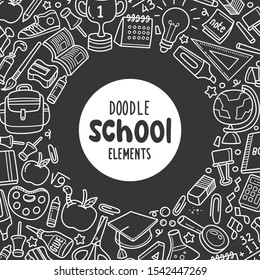 School label surrounded by circle-shaped doodle school element fills over the frame. Doodle organic vegetable isolated over black background.