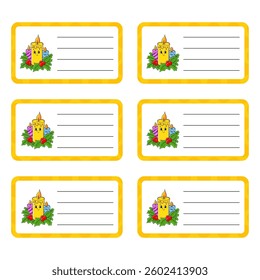 School labels for books and notebooks. Bright stickers. Rectangular label. Vector illustration.