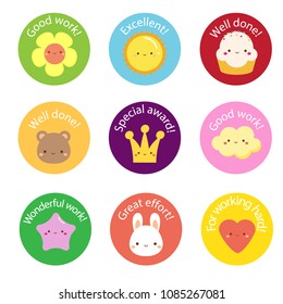 School Labels For Teachers. Award Stickers For Pupils, Kids With Cute Symbols And Motivational Slogans