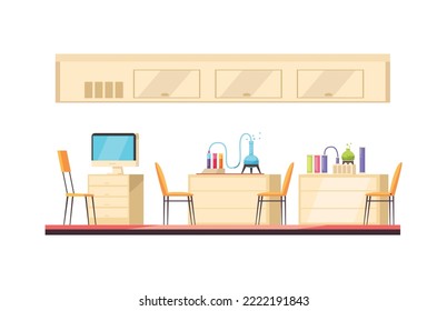 School laboratory chemistry classroom interior with furniture and equipment for experiments cartoon vector illustration