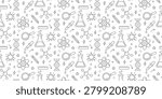 School laboratory flasks, atom models, DNA helixes, pipettes, and pencils for kids STEM class. Educational background for elementary chemistry textbooks, wrapping paper, black and white seamless pattern.