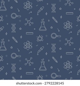 School laboratory flasks, atom models, DNA helixes, pipettes, and pencils for kids STEM class. Educational background for elementary chemistry textbooks, wrapping paper,dark blue and white seamless pattern.