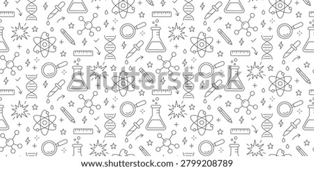 School laboratory flasks, atom models, DNA helixes, pipettes, and pencils for kids STEM class. Educational background for elementary chemistry textbooks, wrapping paper, black and white seamless pattern.