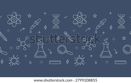 School laboratory flasks, atom models, DNA helixes, and pipettes forming a decorative divider for kids STEM class. Educational graphics for chemistry textbooks, dark blue and white seamless pattern.