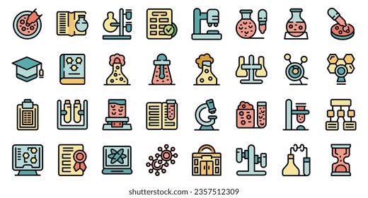 School laboratory icons set outline vector. Science study. Chemical lab thin line color flat on white