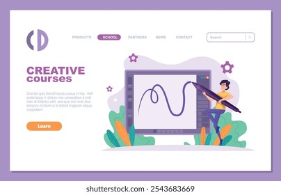 school landing. creative courses web page UI template. character holding big stylus for drawing on tablets.