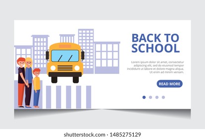 school landing page with boy waiting for the school bus with his parents. Vector illustration
