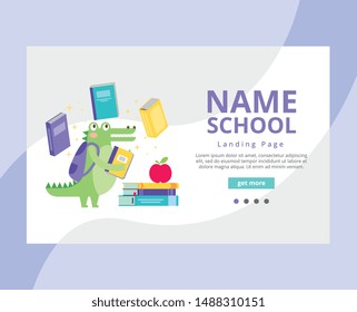 school landing page cute crocodile cartoon with bag and books .vector illustration