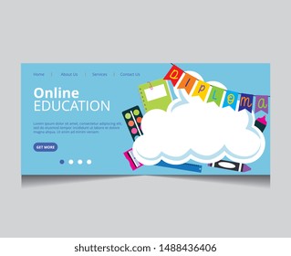 school landing page with diploma and school supplies over sky. vector illustration