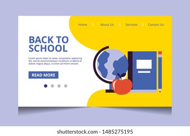 school landing page with globe notebook pencil and apple icons school. Vector illustration
