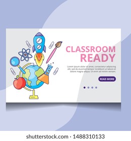 school landing page with globe rocket brush atom magnifying glass test tube and apple .vector illustration