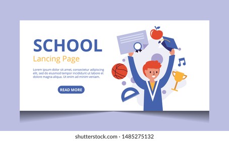 school landing page with graduate student with icons. Vector illustration