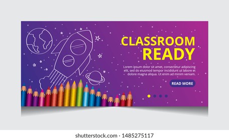 school landing page over universe with rocket planets and stars with colored pencils vector illustration