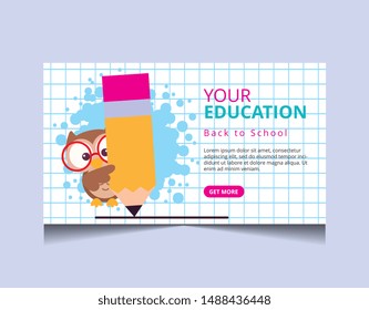 school landing page. owl with pencil cartoon over grid sheet. vector illustration