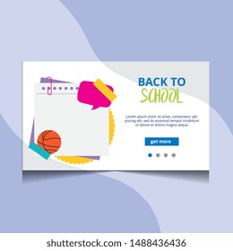 school landing page with scrapbook with ball and thought bubble. vector illustration