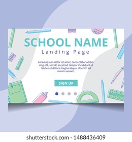 school landing page with school supplies frame cartoon. vector illustration