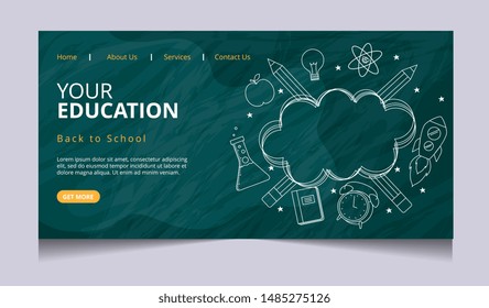 school landing page with thought cloud and elements school over green chalkboard. Vector illustration