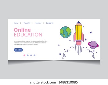 school landing page with universe with rocket and planet and stars .vector illustration