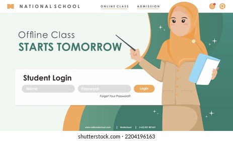 School Landing Page Website And Student Login For Class With Hijab Muslim Teacher Staff Holding Books And Pointing With Stick 