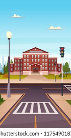 School landscape with a road and a pedestrian crossing.