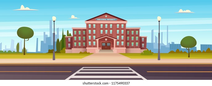 School landscape with a road and a pedestrian crossing.