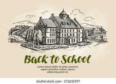 School, landscape sketch. College, education symbol. Vintage vector illustration